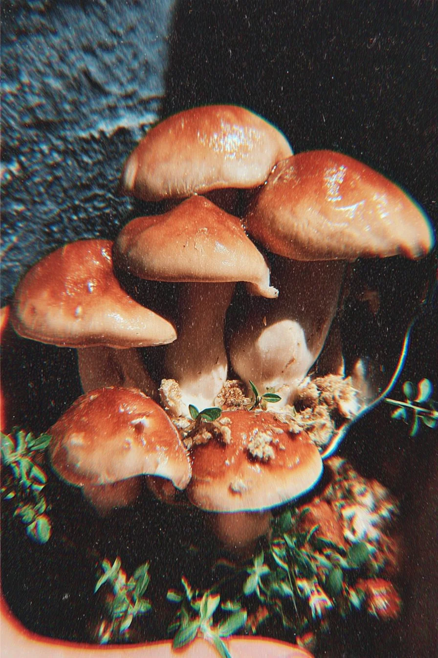 Colorful shrooms aesthetic showcasing vibrant fungi in a whimsical forest setting.