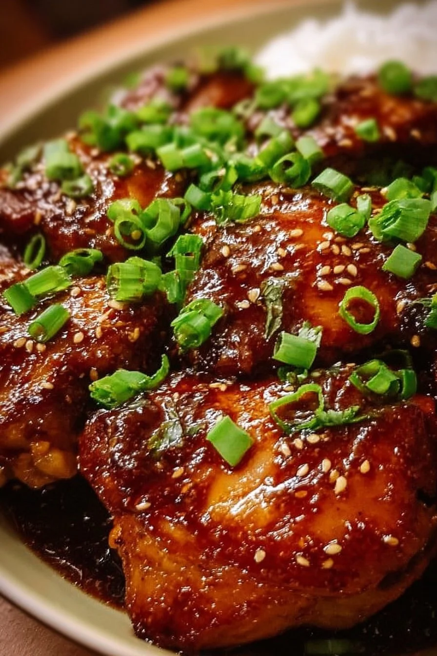 Slow Cooker Honey Garlic Chicken Thighs served with a side of vegetables