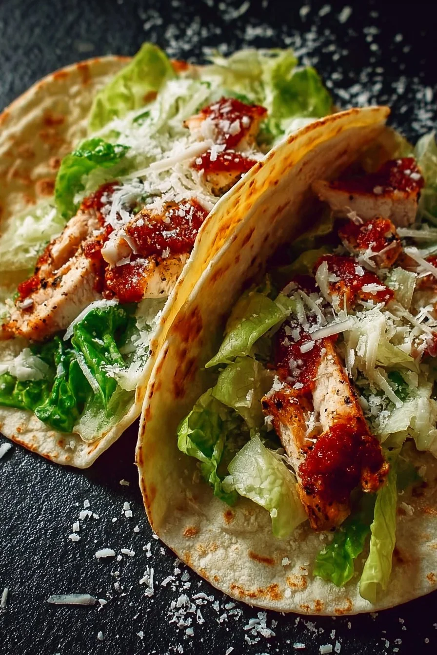 Delicious Smash Chicken Caesar Tacos topped with romaine and parmesan.