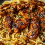 Spicy Cajun honey butter chicken pasta served in a bowl with herbs and spices.