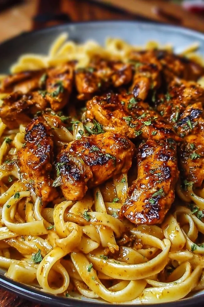 Spicy Cajun honey butter chicken pasta served in a bowl with herbs and spices.