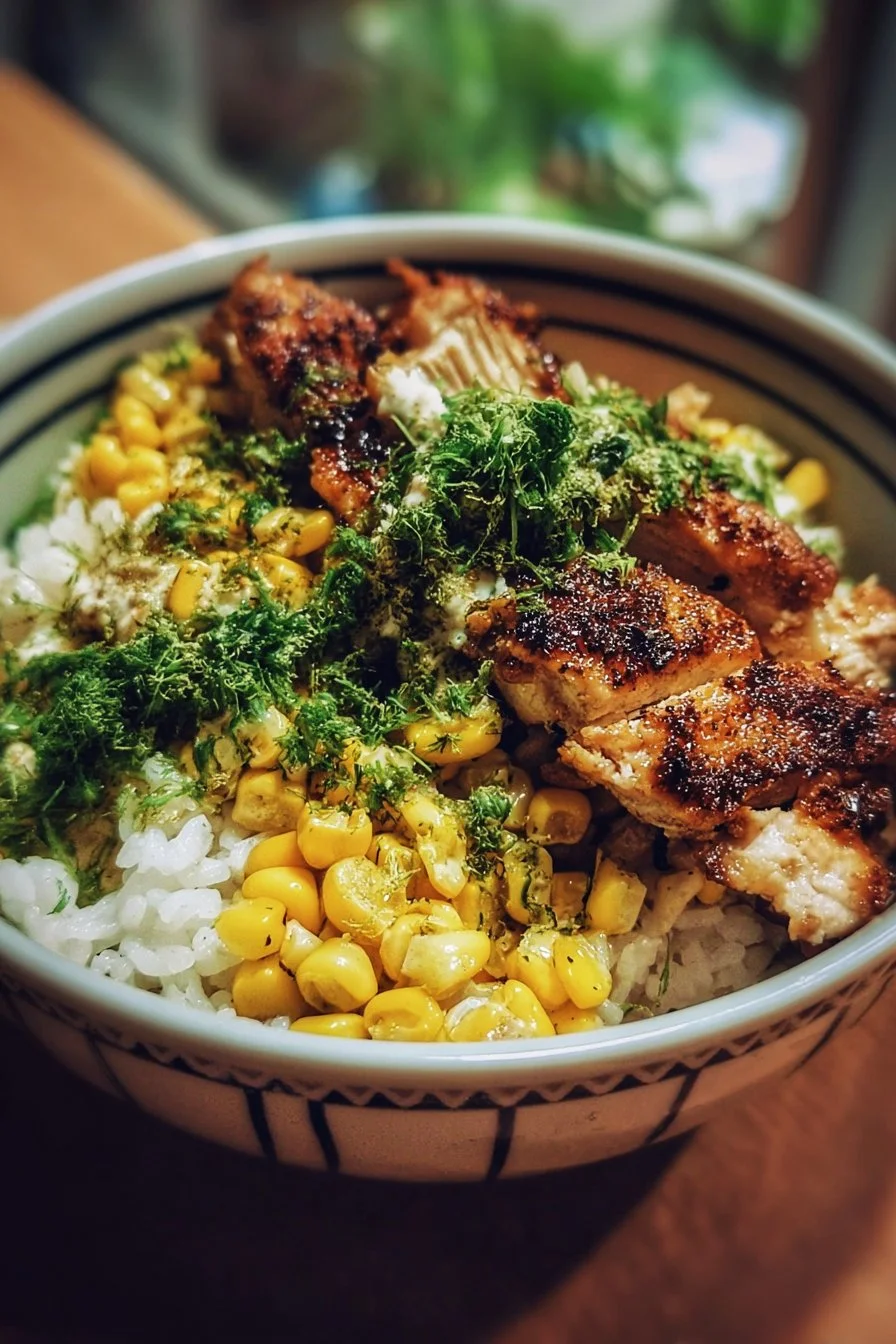 Delicious Street Corn Chicken Rice Bowl with grilled chicken and fresh toppings