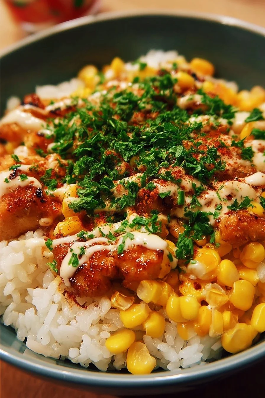 Delicious Street Corn Chicken Rice Bowl with grilled chicken and fresh corn