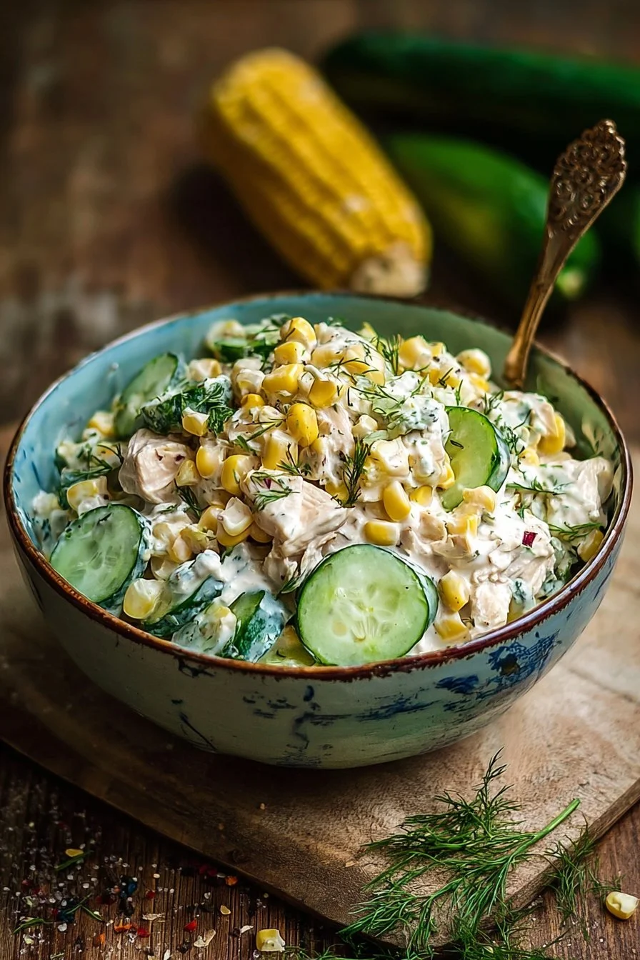 Street Corn Creamy Cucumber Chicken Salad in a bowl with fresh ingredients