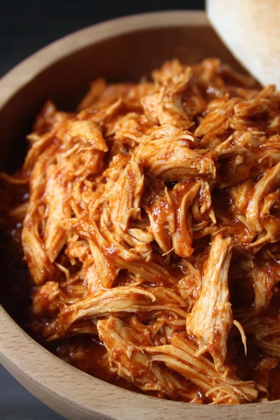 Delicious pulled BBQ chicken made in a crockpot, served on a plate.