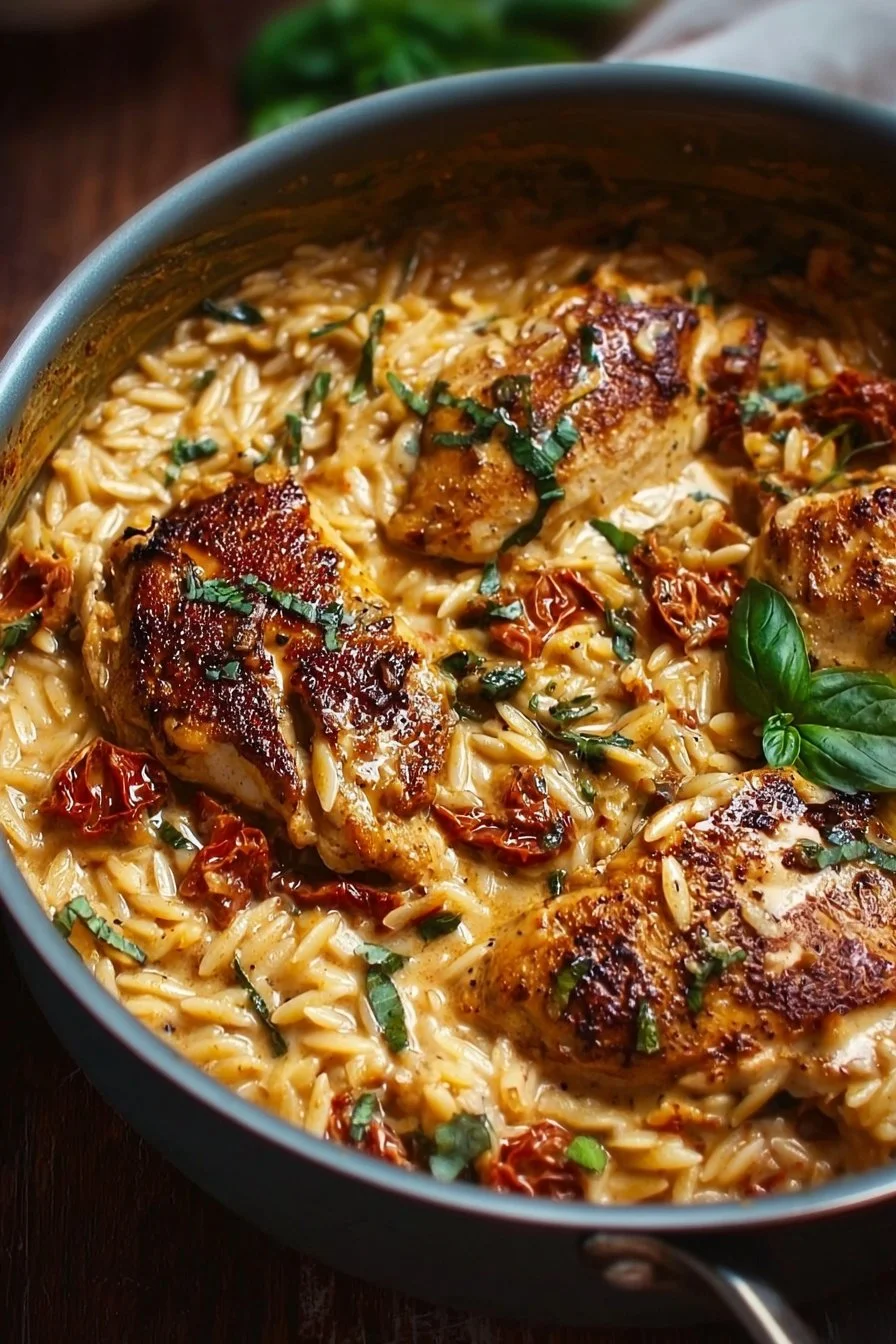 The Creamiest Sun-Dried Tomato Chicken Orzo 2 Creamy sun-dried tomato chicken orzo dish served on a plate