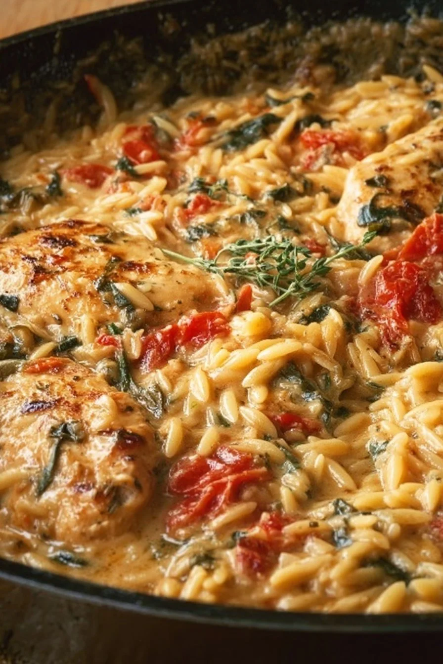 Baked Tuscan chicken orzo with herbs and vegetables in a casserole dish