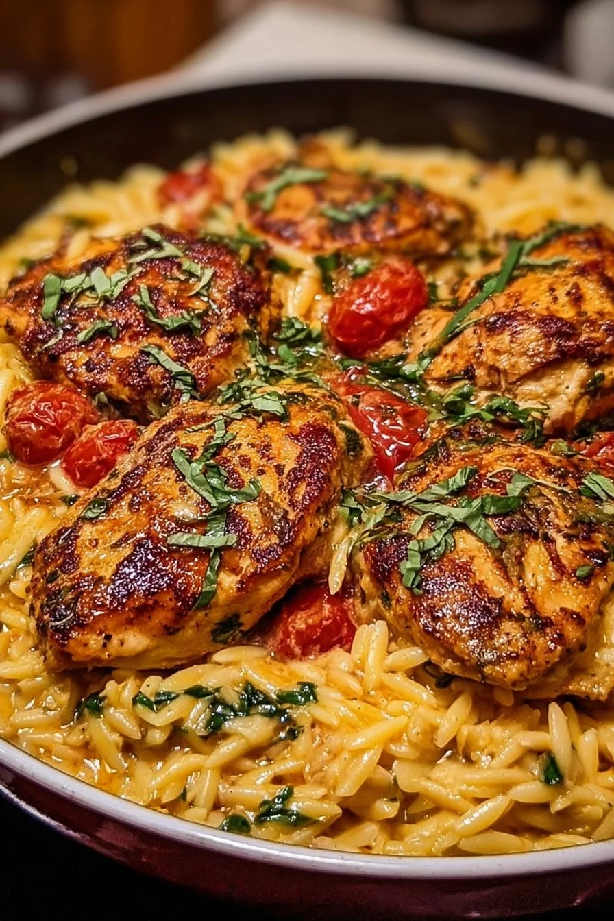 Delicious Tuscan Chicken served with creamy Parmesan Orzo.