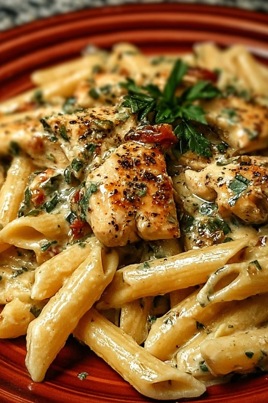 Delicious Tuscan Garlic Chicken Penne with Creamy Herbs in a bowl