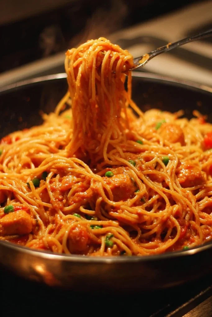 Delicious ultimate chicken spaghetti served in a bowl with herbs