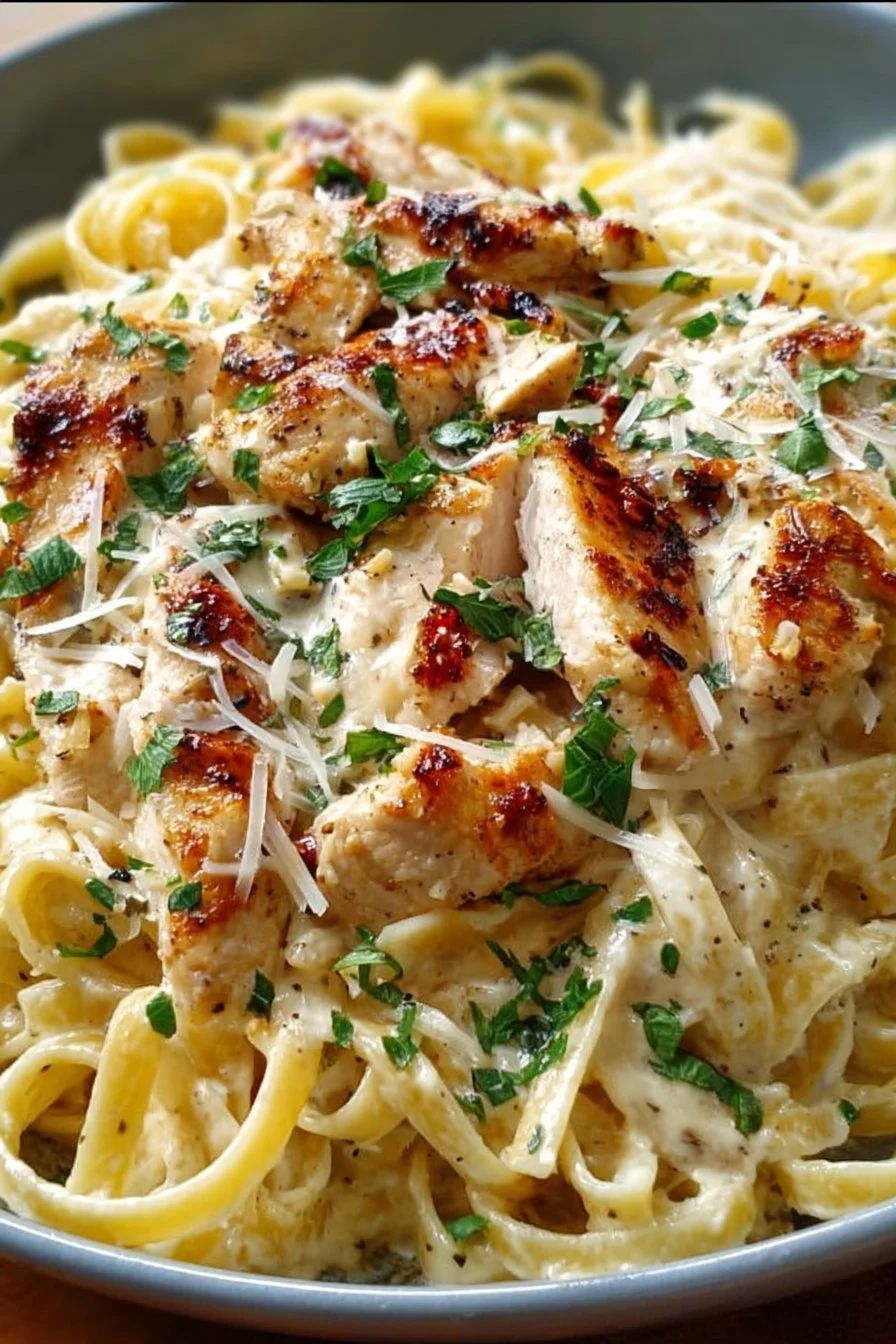 Bowl of creamy garlic parmesan chicken pasta with grated cheese and herbs