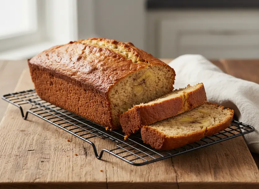 A whole golden-brown loaf of banana bread cooling on a rack, with several moist slices cut and ready to serve.
