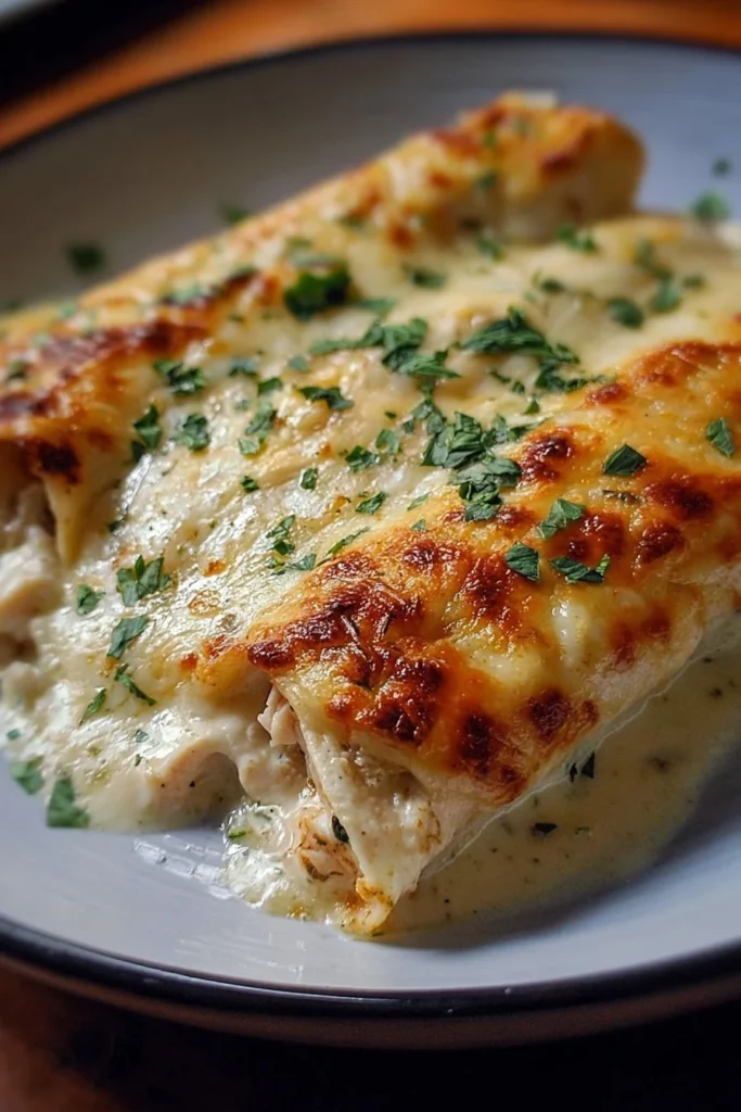 Delicious white chicken enchiladas topped with creamy sauce and fresh ingredients.