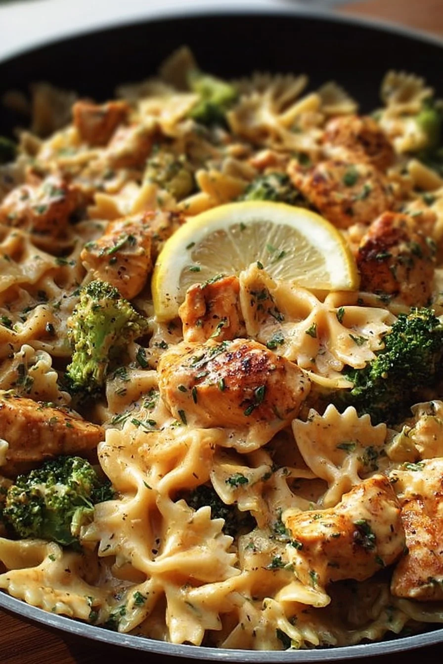 Zesty Cowboy Butter Chicken with lemon bowtie pasta and broccoli on a plate
